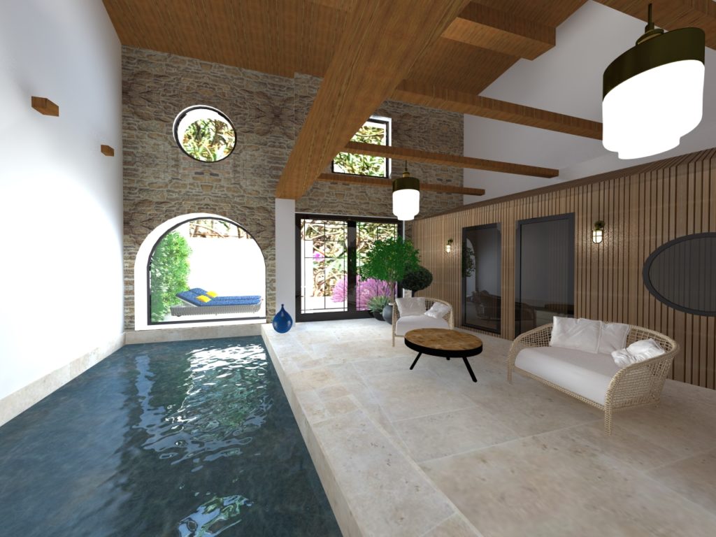 vue 3D avant projet Rénovation intérieur et extérieur avec piscine d'une ancienne maison de vignerons à Lansargues