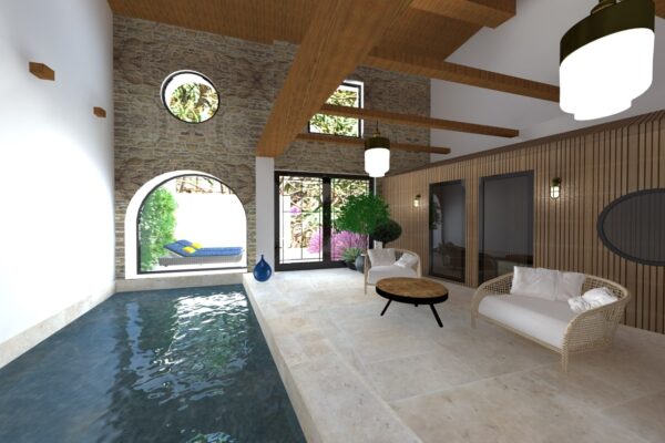 vue 3D avant projet Rénovation intérieur et extérieur avec piscine d'une ancienne maison de vignerons à Lansargues