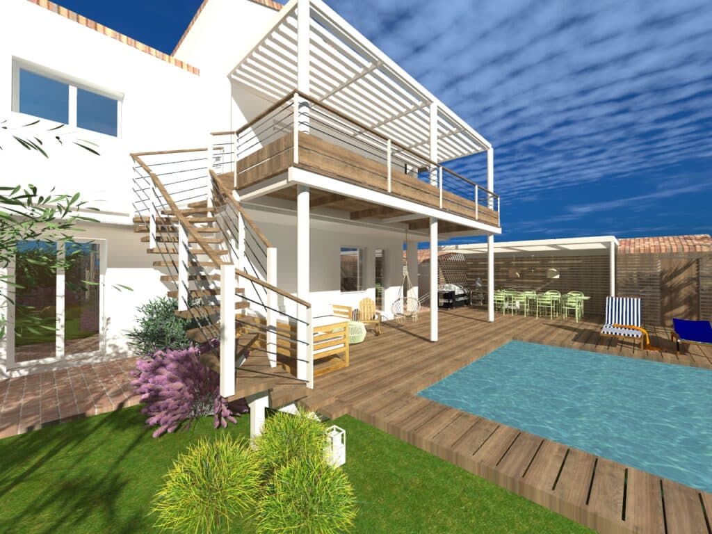 Restructuration extérieur et vue 3D de la piscine, terrasse et pool house