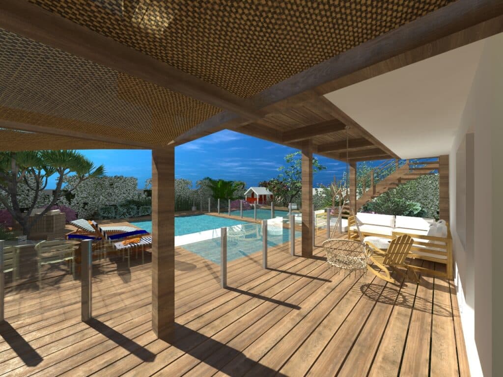 Restructuration extérieur et vue de la piscine, terrasse et pool house