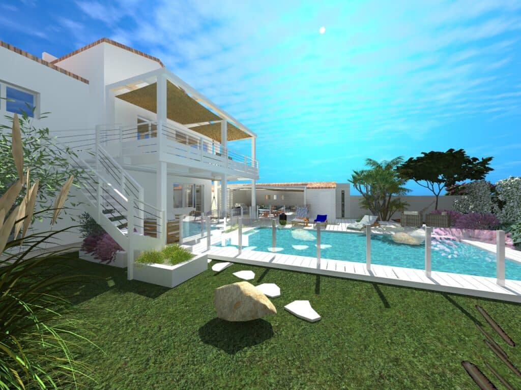 Rénovation des extérieurs avec piscine, pool house et escalier d'accès en bois
